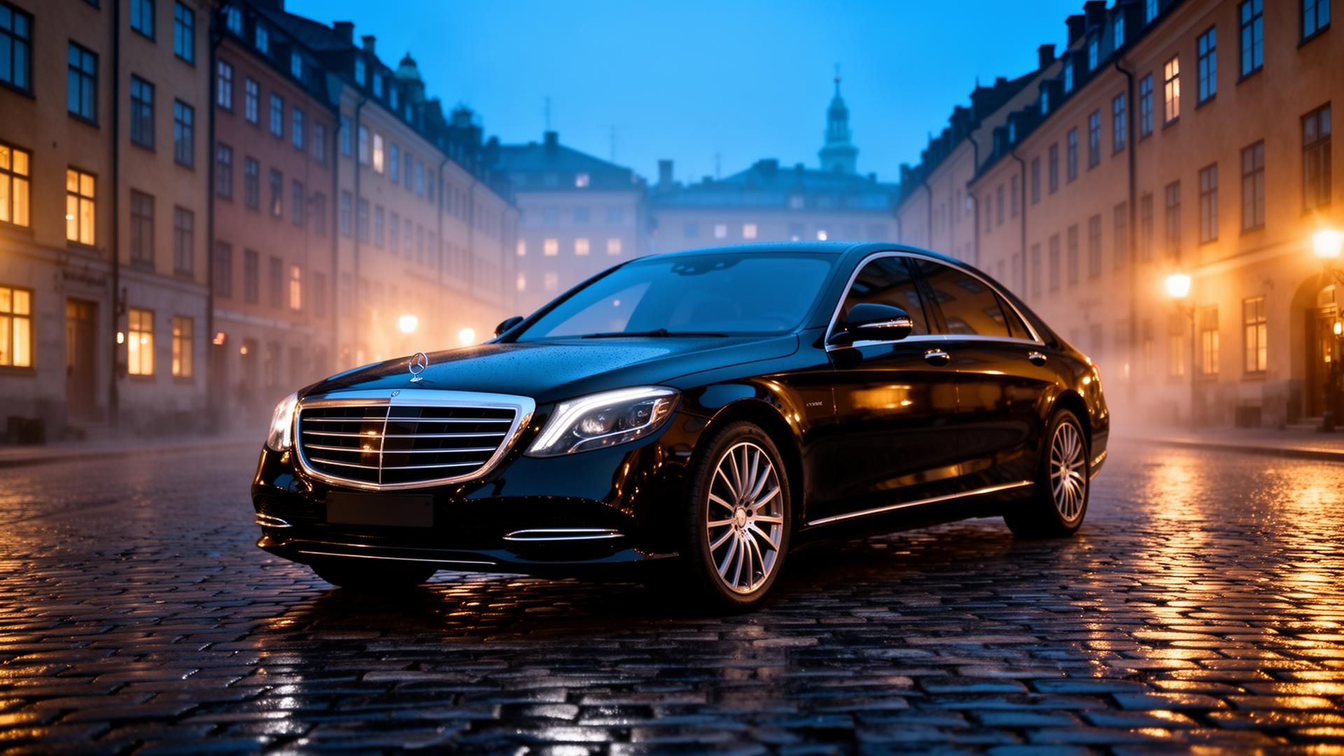 Black Mercedes S-Class chauffeur car on cobblestone street in Stockholm at blue hour